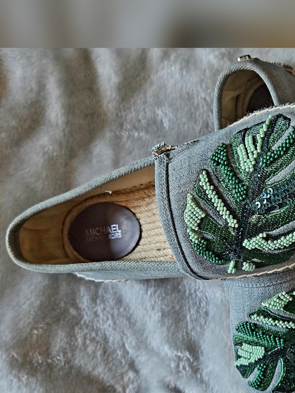 Michael Kors Gray Canvas Espadrilles with Green Leaf Bead Embroidery - Picture 2 of 5